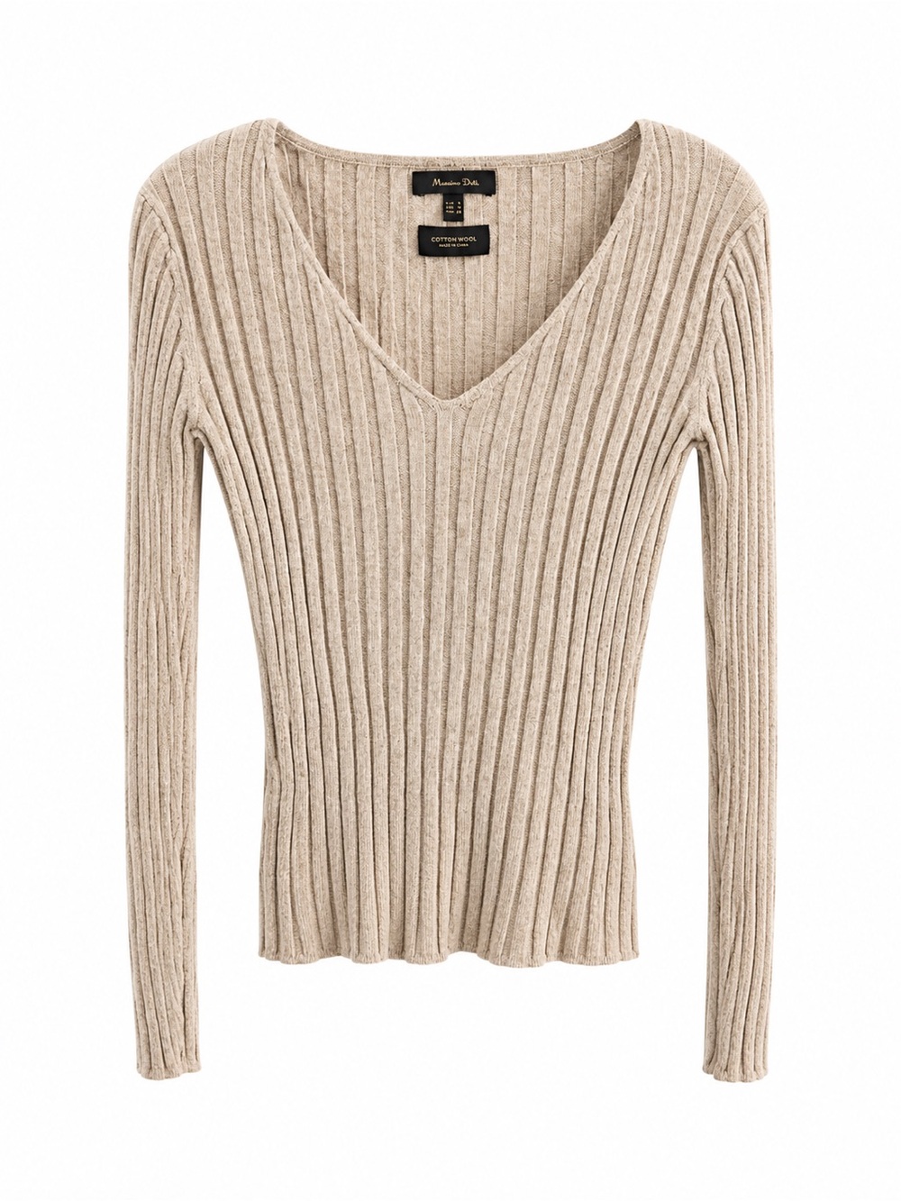 Massimo Dutti Grey-Beige Cotton Wool Ribbed V-Neck Sweater Size S